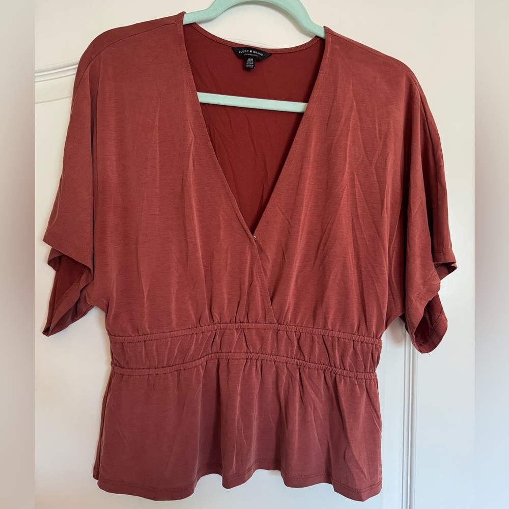 Lucky Brand Rust Orange V-Neck Babydoll Blouse Sz M